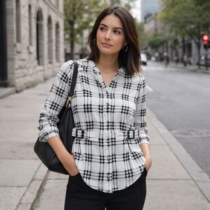 Reitmans Black & White Grid Houndstooth Button-Up Blouse